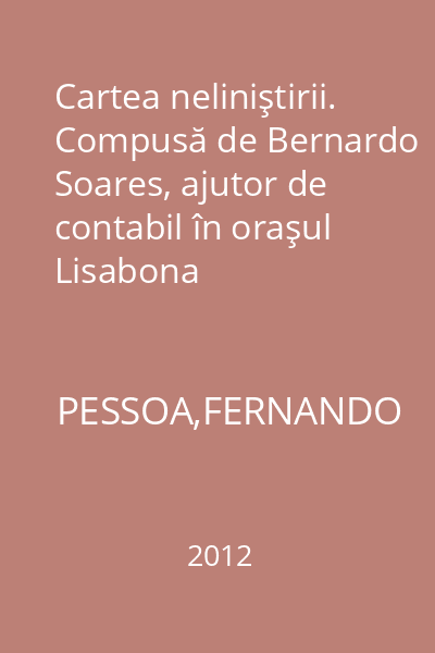 Cartea neliniştirii. Compusă de Bernardo Soares, ajutor de contabil în oraşul Lisabona