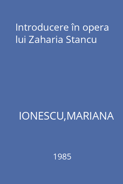 Introducere în opera lui Zaharia Stancu